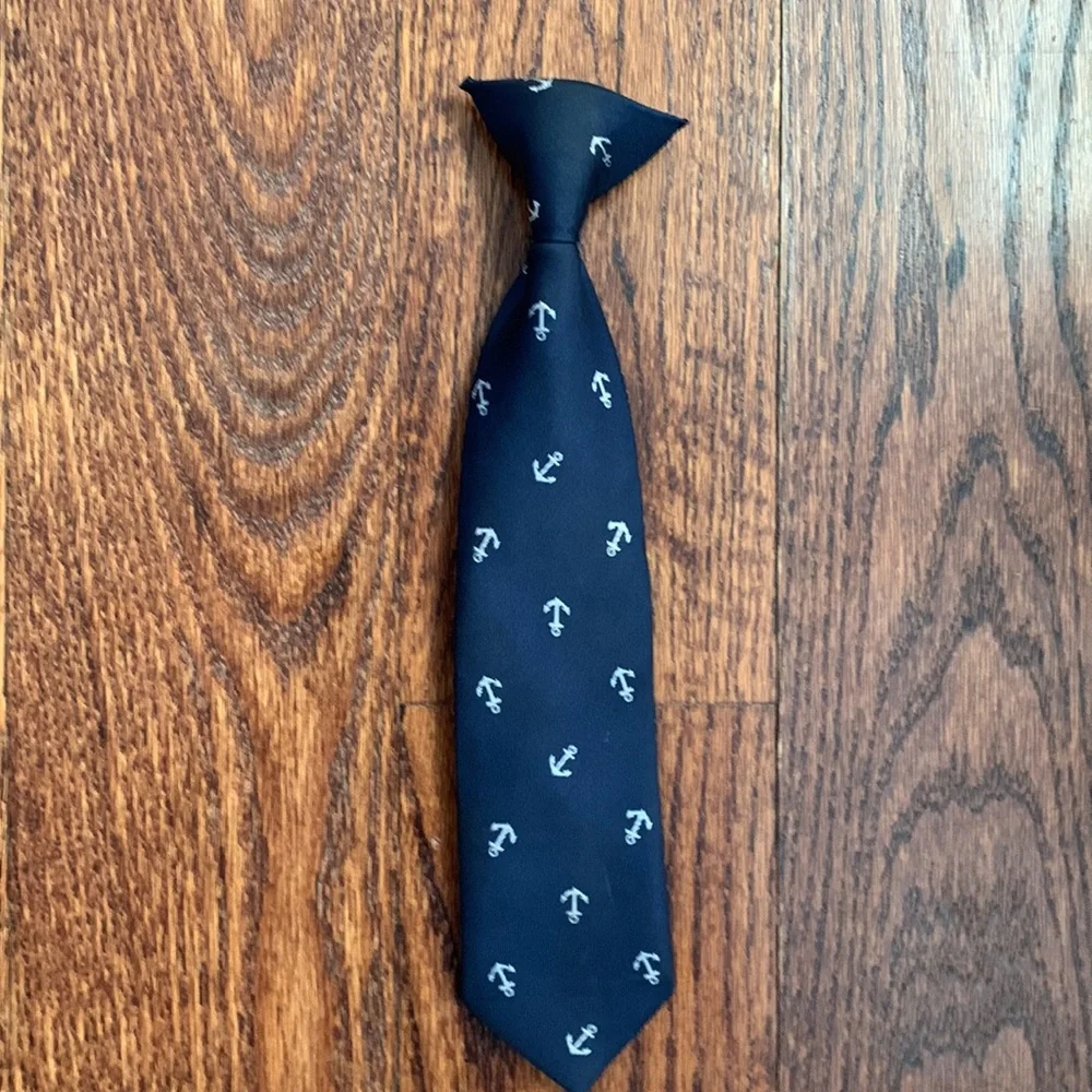 YOUTH BOYS NAVY CLIP-ON TIE W/ ANCHORS AND ADJUSTABLE BOW-TIE W/ DOTS SIZE 3-8yr